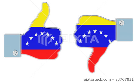 Venezuelan flag painted on the hand with thumb up and thumb down. Like and dislike in Venezuela, concept. 3D rendering 83707031