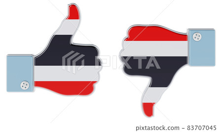 Thai flag painted on the hand with thumb up and thumb down. Like and dislike in Thailand, concept. 3D rendering Thai flag painted on the hand with thumb up and thumb down. Like and dislike in Thailand, concept. 3D rendering 83707045
