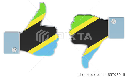 Tanzanian flag painted on the hand with thumb up and thumb down. Like and dislike in Tanzania, concept. 3D rendering Tanzanian flag painted on the hand with thumb up and thumb down. Like and dislike in Tanzania, concept. 3D rendering 83707046