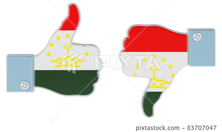 Tajik flag painted on the hand with thumb up and thumb down. Like and dislike in Tajikistan, concept. 3D rendering 83707047
