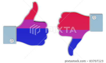 Bisexual flag painted on the hand with thumb up and thumb down. 3D rendering 83707123
