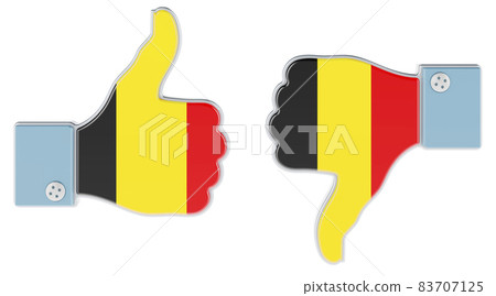 Belgian flag painted on the hand with thumb up and thumb down. Like and dislike in Belgium, concept. 3D rendering 83707125