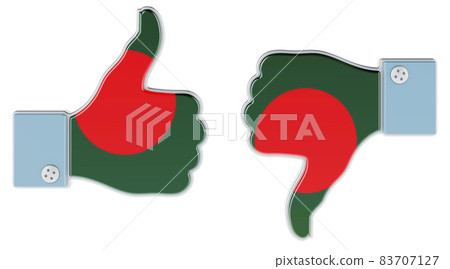 Bangladeshi flag painted on the hand with thumb up and thumb down. Like and dislike in Bangladesh, concept. 3D rendering 83707127