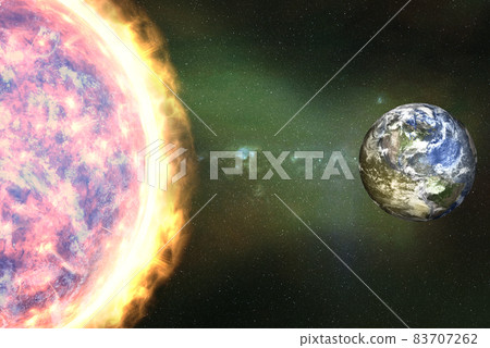 Sun storm in outer space near the Earth planet. 83707262