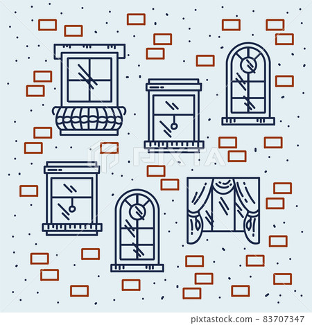 The pattern is linear with wooden windows. Cartoon poster with cute windows with glass. Beautiful textile backing doodle. 83707347