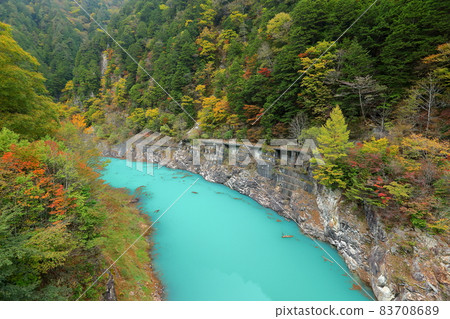 長野縣大町市Taira Takaseiri,綠松石河面和高瀨谷的秋葉 長野縣大町市Taira Takaseiri,綠松石河面和高瀨谷的秋葉 83708689