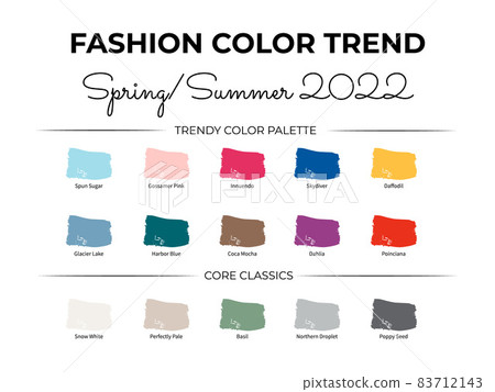Fashion Color Trend Spring Summer 2022. Trendy colors palette guide. Brush strokes of paint color with names swatches. Easy to edit vector template for your creative designs. 83712143