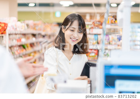 A young woman who makes self-checkout and e-commerce payments 83713202