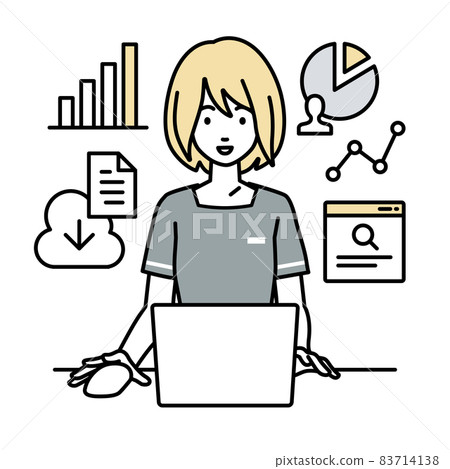 一位女性美容院職員坐在辦公桌前，在 PC 上管理項目和任務 83714138