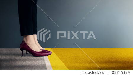 Start Concept. Woman Power. Low Section of Business Female Standing on Start Line for Moving Forward to New Challenge. Cropped Image. Side View. Business Strategy, Metaphor Conceptual 83715359