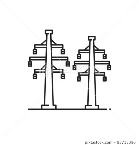 Structures, lattice tower and overhead power line isolated outline icon. Vector electricity pylon structure, steel lattice tower to support power line. Three-phase transmission towers powerlines 83715386