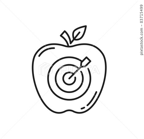 Target apple hit by wooden arrow in center isolated outline icon. Vector challenge and business success, precise aiming in fruit, lucky shot. Leadership and accuracy, purpose achievement, competition Target apple hit by wooden arrow in center isolated outline icon. Vector challenge and business success, precise aiming in fruit, lucky shot. Leadership and accuracy, purpose achievement, competition 83715499