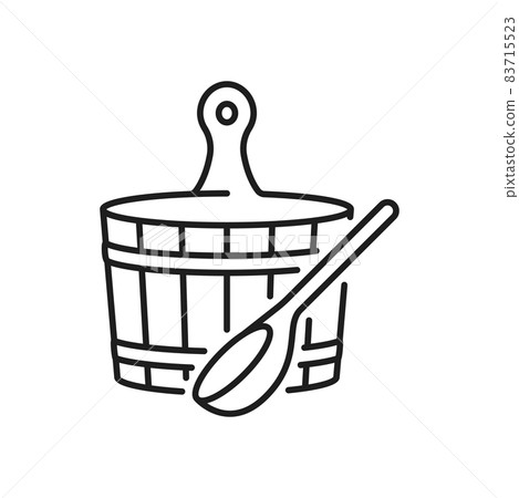 Sauna wooden bucket and ladle isolated outline icon. Vector bathing accessories, spa and beauty, relaxation and healthcare treatment. Traditional russian bowl and spoon, bath and shower equipment 83715523