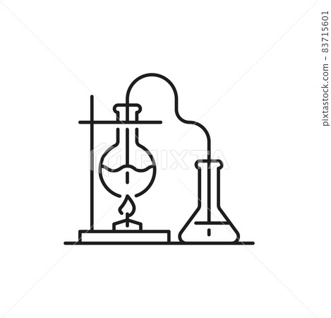 Liquid in round bottom flask being heated over Bunsen burner isolated thin line icon. Vector laboratory research glassware, biochemistry, chemistry, pharmacy and genetics equipment for experiments 83715601