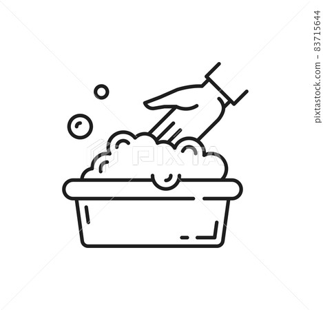 Hand wash sign isolated thin line icon. Vector not machine washable symbol, washing at 30 degrees symbol. Laundry wash house and water drop sign. Washbowl with foam bubbles, information emblem 83715644
