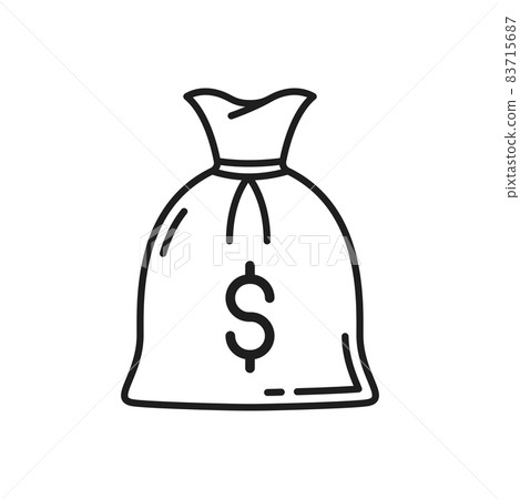 Money bag with dollar sign isolated thin line icon. Vector sack of money, bank coins or cash, finance savings and deposit symbol. Moneybag with rope, jackpot treasure funds, investment, charity profit 83715687
