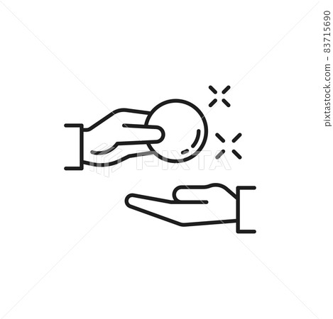 Hand giving and receiving cash isolated thin line icon. Vector donation, funding, payday, bribe concept. Pay for something, money refund, cashback or loan, reward or return coins, change, price off Hand giving and receiving cash isolated thin line icon. Vector donation, funding, payday, bribe concept. Pay for something, money refund, cashback or loan, reward or return coins, change, price off 83715690