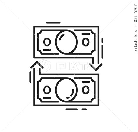 Cash money exchange isolated business operations thin line icon. Vector financial bills conversion, currency revenue, payments convert. Cash refund, eur and usd change, circular payment glow 83715707