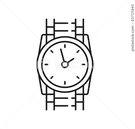 Swiss watch with silver or golden bracelet isolated thin line icon. Vector clock time measurement device. Face with arrows, pointers or hands, ornate watch on metal strap belt. Elegant man accessory Swiss watch with silver or golden bracelet isolated thin line icon. Vector clock time measurement device. Face with arrows, pointers or hands, ornate watch on metal strap belt. Elegant man accessory 83715845