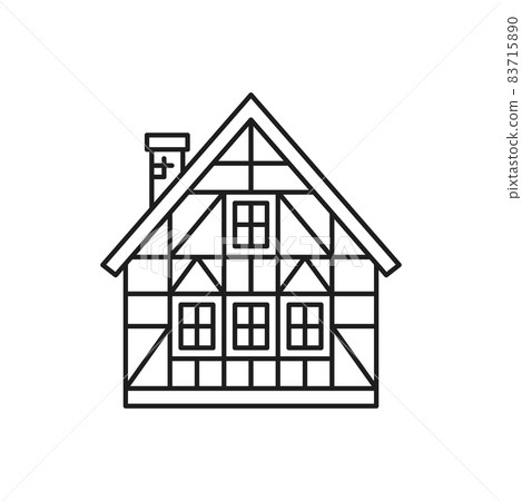 Traditional half-timbered cottage isolated mountain chalet building thin line icon. Vector family summer house, living or rental country home, wooden hut dwelling for booking, sale or rent, outline Traditional half-timbered cottage isolated mountain chalet building thin line icon. Vector family summer house, living or rental country home, wooden hut dwelling for booking, sale or rent, outline 83715890
