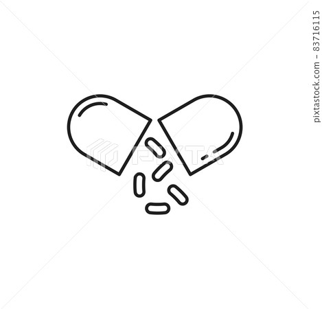 Probiotics ad split capsule isolated bifidobacterium probiotic with microorganisms spilling out, good gut bacteria outline icon. Vector immune digestive health prebiotics, immunity drugs, supplement 83716115