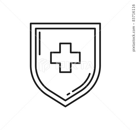 Shield with medical cross isolated thin line icon. Vector health protection, healthcare security, safety system, insurance. Virus, probiotic, lactobacillus and prebiotic bacteria guard badge 83716116