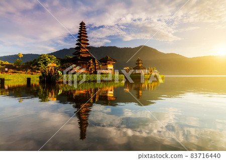 Pura Ulun Danu Bratan temple in Bali island. Hindu temple at sunrise s on Beratan lake, Indonesia Pura Ulun Danu Bratan temple in Bali island. Hindu temple at sunrise s on Beratan lake, Indonesia 83716440