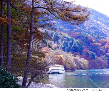 A view of the autumn leaves on the shore of Lake Chuzenji and a sightseeing boat, rectangular composition 83716796