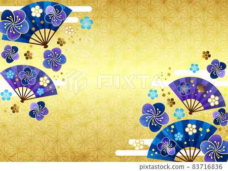 麻葉圖案背景和日本花框水平/藍色日本紙式扇子 83716836