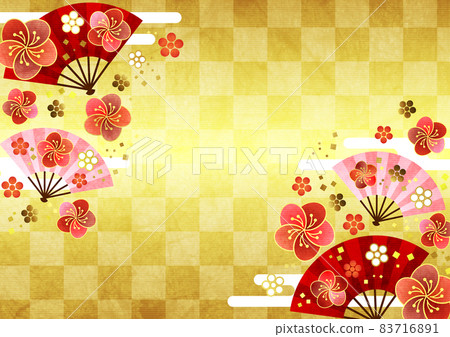 Japanese paper-style fan with checkered background and Japanese flower frame horizontal / red 83716891