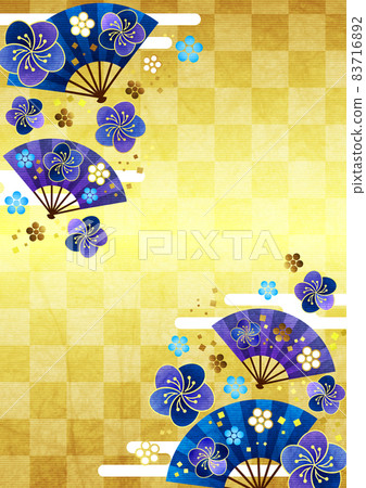 Japanese paper-style fan with checkered background and Japanese flower frame Vertical / blue 83716892