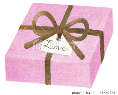 Colored pencil drawing illustration of a pink present box with a brown ribbon Colored pencil drawing illustration of a pink present box with a brown ribbon 83720173