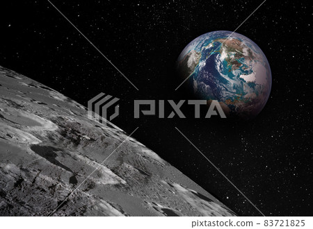 View of Moon limb with Earth rising on the horizon. Footprints as an evidence of people being there or great forgery. Collage. Diagonal composition. View of Moon limb with Earth rising on the horizon. Footprints as an evidence of people being there or great forgery. Collage. Diagonal composition. 83721825