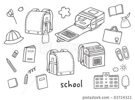 打開書包和與學校相關的手繪插圖（單色） 83724321