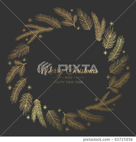 Merry Christmas and New Year Card with Pine Wreath, Mistletoe, Winter plants design illustration for greetings, invitation, flyer, brochure. Merry Christmas and New Year Card with Pine Wreath, Mistletoe, Winter plants design illustration for greetings, invitation, flyer, brochure. 83725856