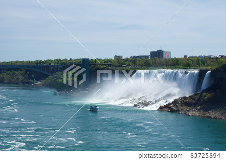 NIAGARA FALLS, ONTARIO, CANADA - MAY 20th 2018: View of the American Falls is the second-largest of the three waterfalls that together are known as Niagara Falls on the Niagara River along the Canada NIAGARA FALLS, ONTARIO, CANADA - MAY 20th 2018: View of the American Falls is the second-largest of the three waterfalls that together are known as Niagara Falls on the Niagara River along the Canada 83725894