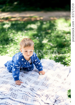 Small child in a blue overalls crawls on a checkered blanket on a green lawn Small child in a blue overalls crawls on a checkered blanket on a green lawn 83727259