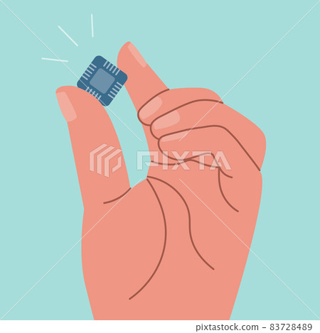 Human hand holds computer chip. Concept of global shortage of microchips for electronics and cars. Vector flat illustration. Human hand holds computer chip. Concept of global shortage of microchips for electronics and cars. Vector flat illustration. 83728489