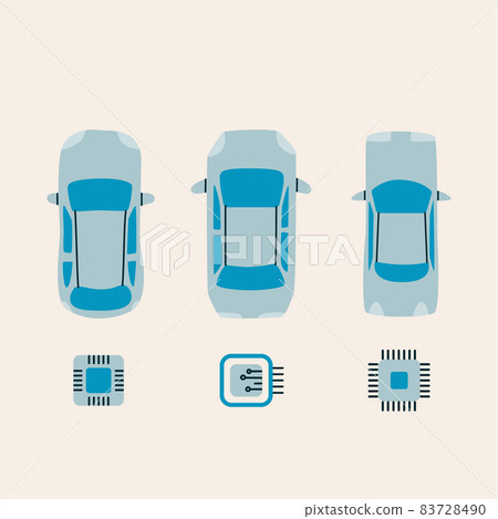Set of cars with microchips. Car circuit board sign. Semiconductor and computer chip supply chain shortage. Vector flat illustration. 83728490