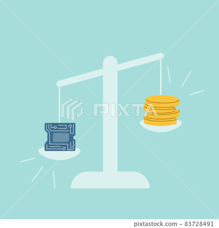 On the scales there is a microchip and coins. The cost of electronic microcircuits is increasing due to the global shortage of microchips. On the scales there is a microchip and coins. The cost of electronic microcircuits is increasing due to the global shortage of microchips. 83728491