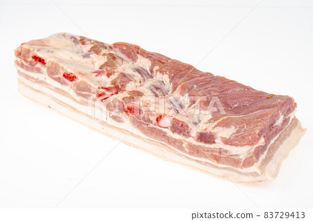Piece of raw pork belly, fresh meat for cooking. Studio Photo 83729413