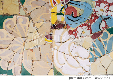 Close-up Mosaic Antonio Gaudi in the Park Guell, Barcelona Close-up Mosaic Antonio Gaudi in the Park Guell, Barcelona 83729864