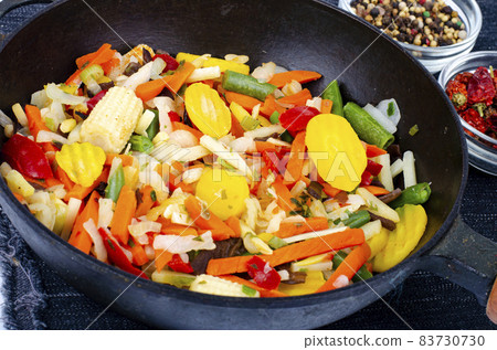Seasonal vegetables platter in frying pan.Healthy food.Vegetarianism. Studio Photo. 83730730