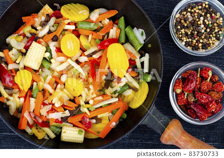 Seasonal vegetables platter in frying pan.Healthy food.Vegetarianism. Studio Photo. Seasonal vegetables platter in frying pan.Healthy food.Vegetarianism. Studio Photo. 83730733