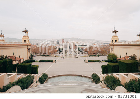 Barcelona, Spain - 15 December 2019: The magic fountain of Montjuic, on the hill of Montjuic in Barcelona, Spain 83731001