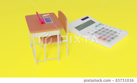 Miniature school desk and calculator placed on a flat surface Miniature school desk and calculator placed on a flat surface 83731016