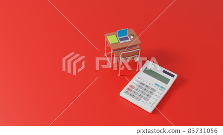 Miniature school desk and calculator placed on a flat surface Miniature school desk and calculator placed on a flat surface 83731056