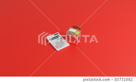 Miniature school desk and calculator placed on a flat surface Miniature school desk and calculator placed on a flat surface 83731082