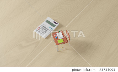 Miniature school desk and calculator placed on a flat surface Miniature school desk and calculator placed on a flat surface 83731093