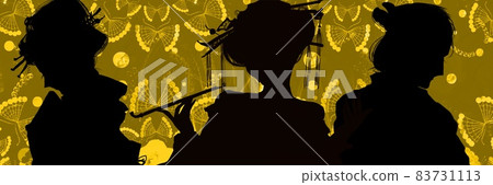 Paper-cutting silhouette and folding screen depicting the love triangle between Yoshiwara Yukaku, the daughter of a tradesman, and a young samurai ronin. 83731113